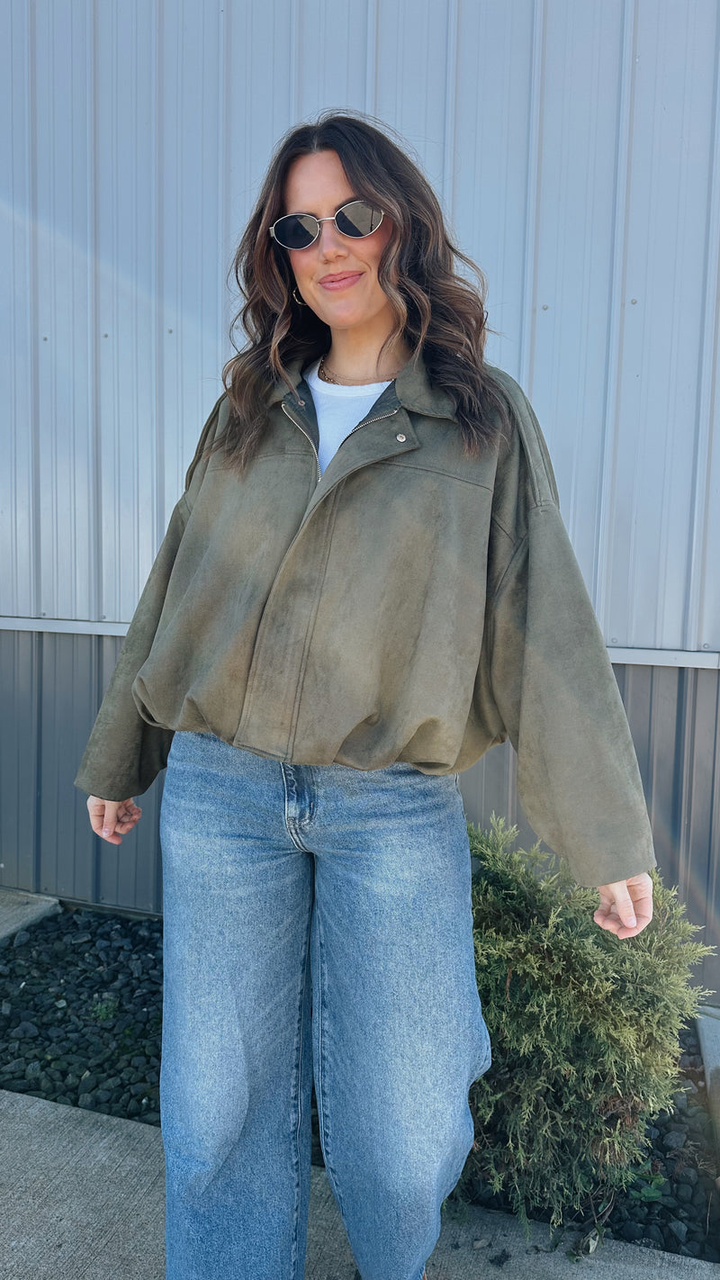 Suede Bomber Jacket in Olive