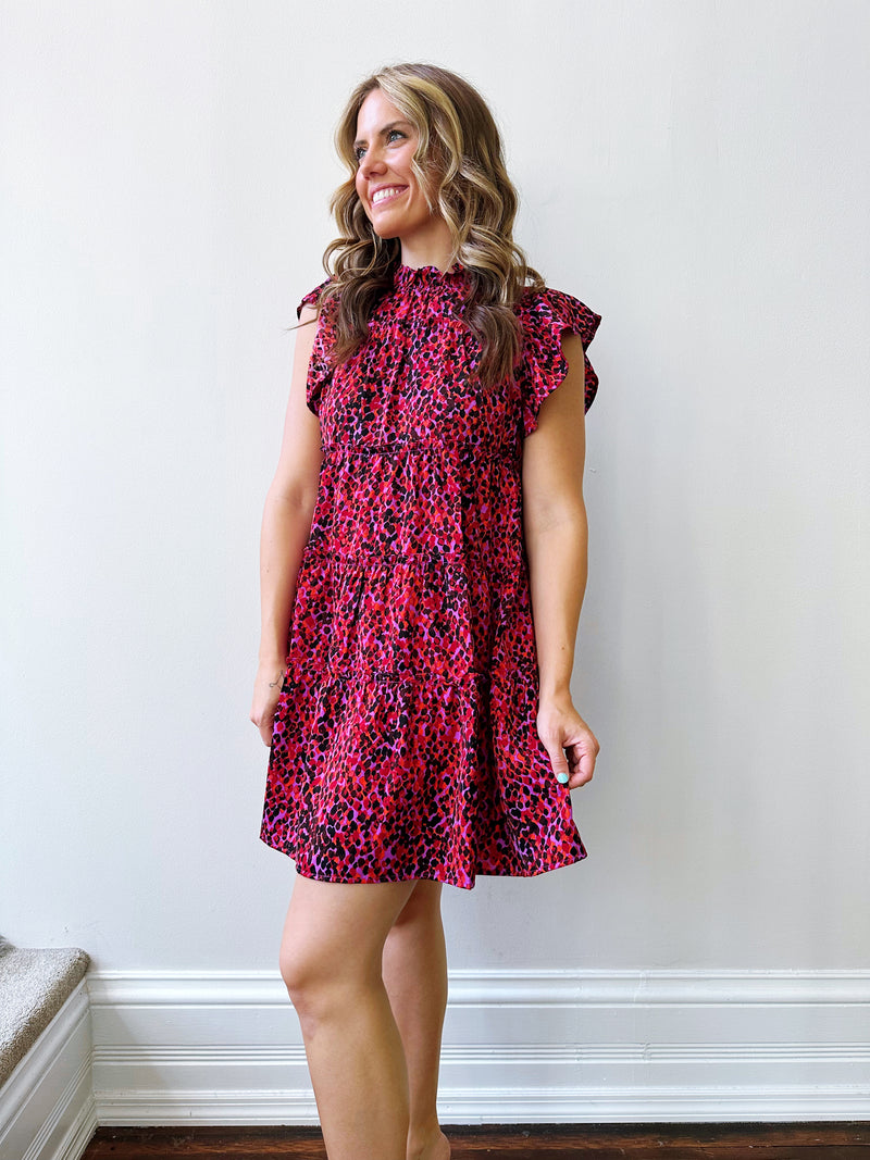 Magenta Flutter Sleeve Tiered Dress