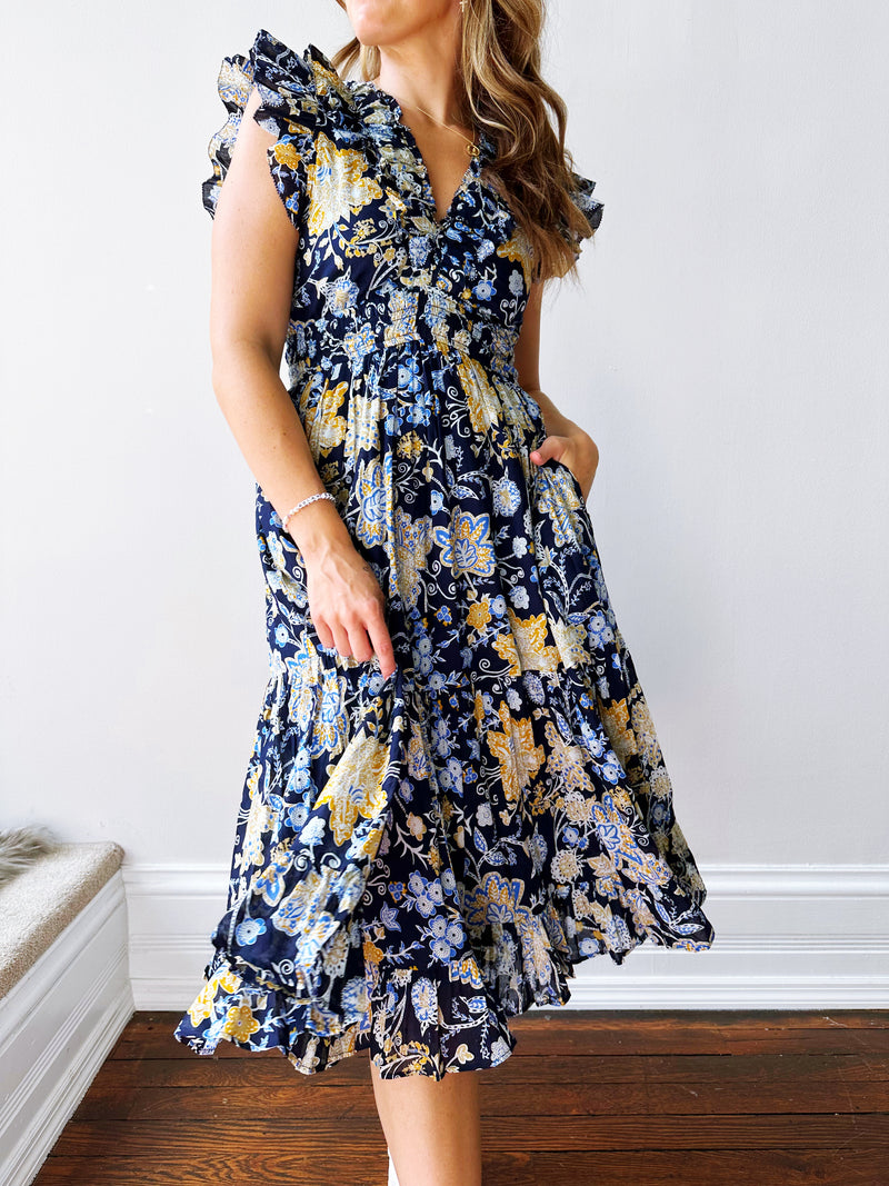 Blue Botanical Midi Dress