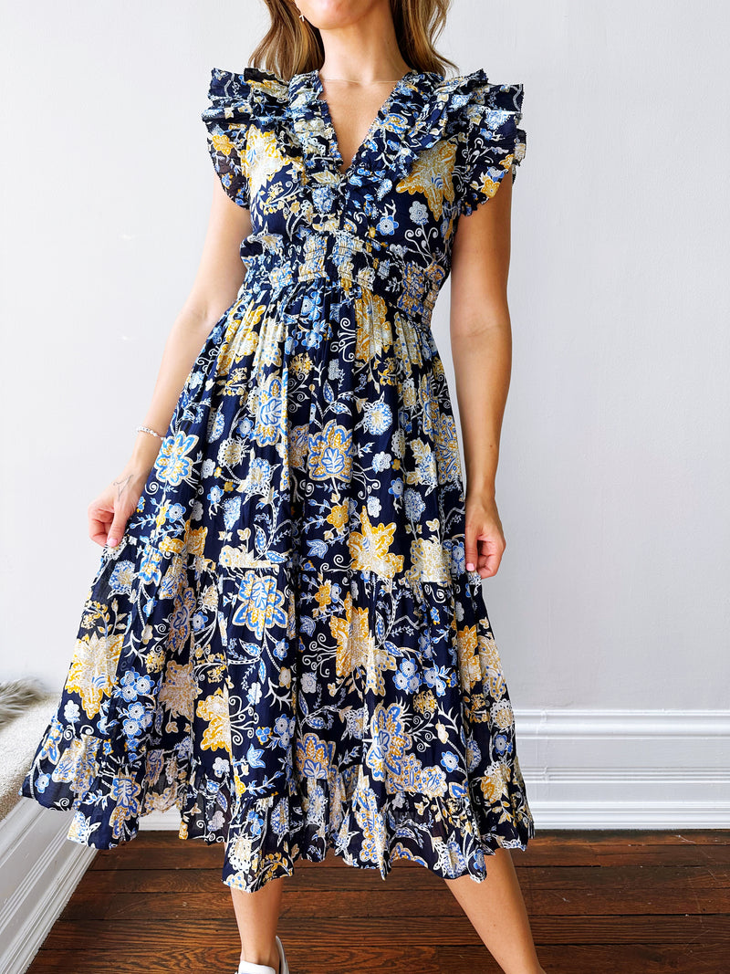 Blue Botanical Midi Dress
