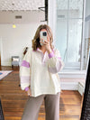 Polo Collar Knit Pullover in Ivory/Lavender