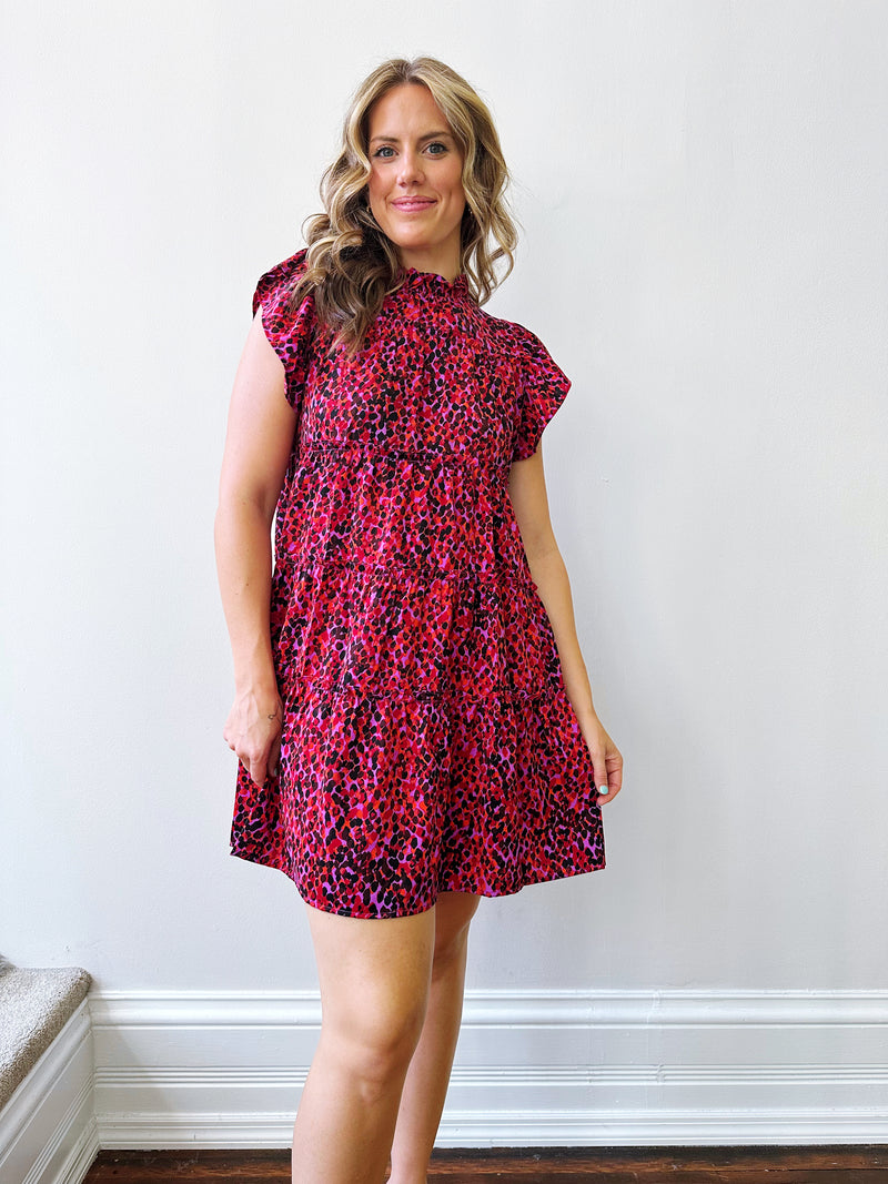 Magenta Flutter Sleeve Tiered Dress