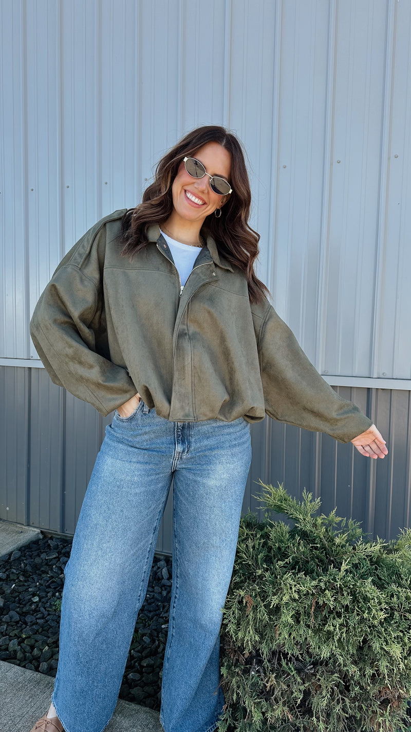 Suede Bomber Jacket in Olive