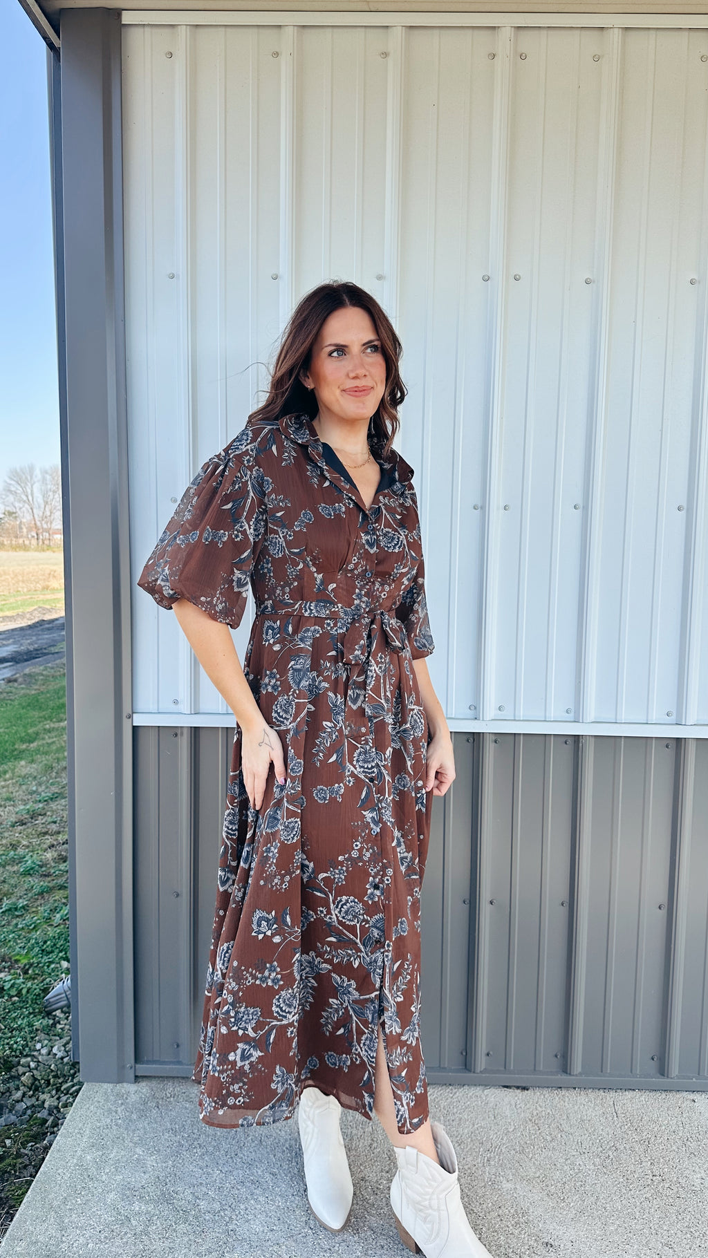 Floral Puff Sleeve Midi Dress