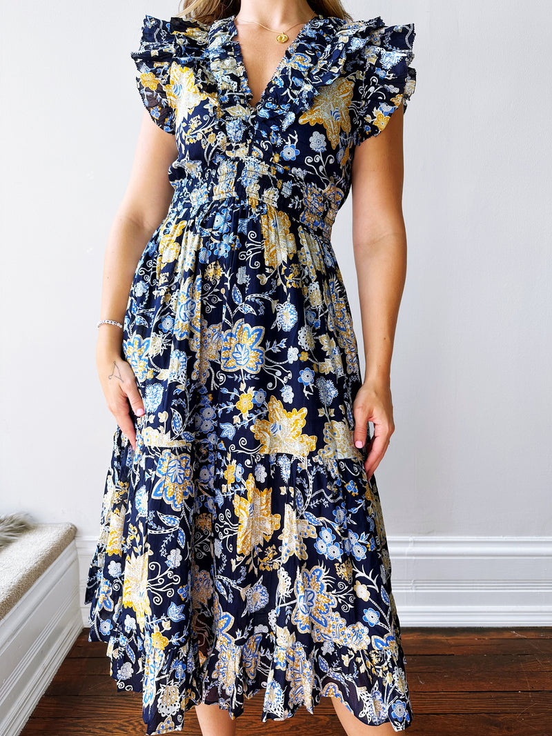 Blue Botanical Midi Dress