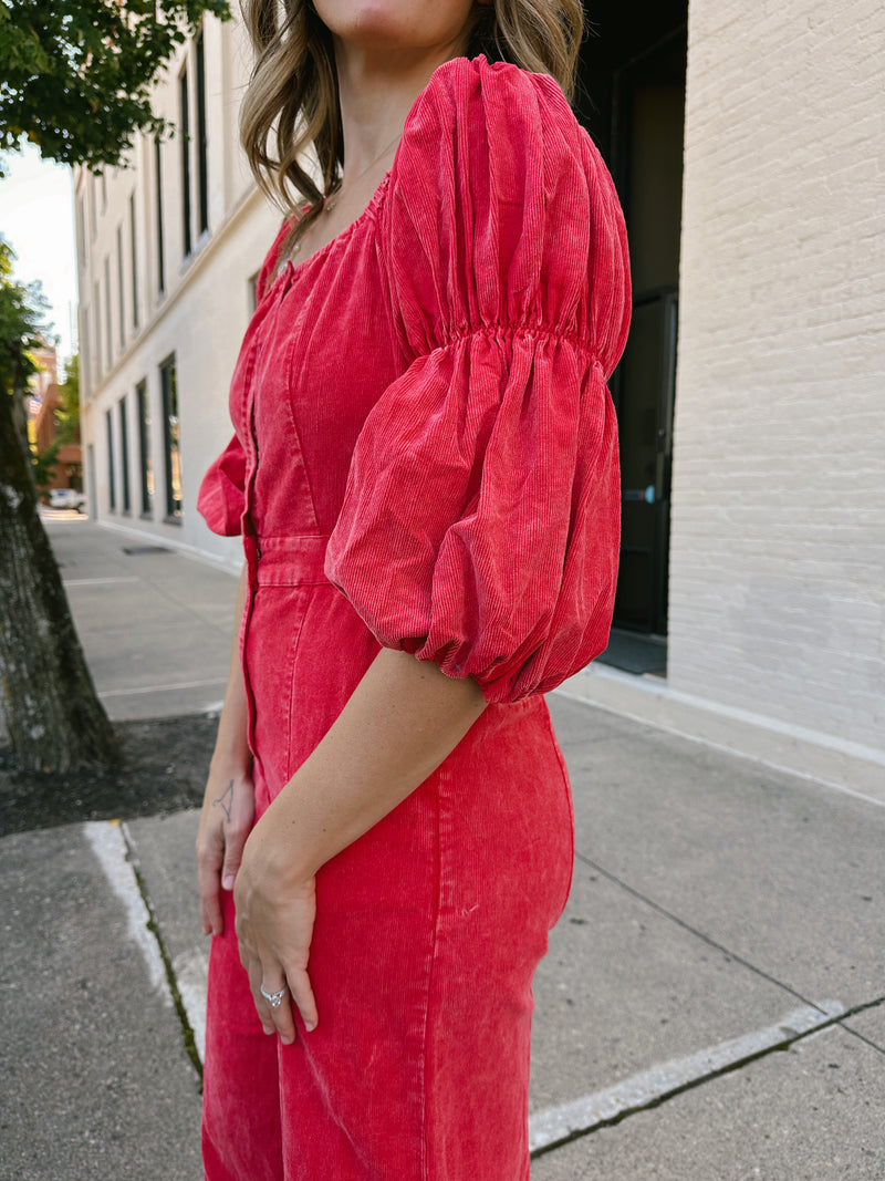 Corduroy Puff Sleeve Jumpsuit