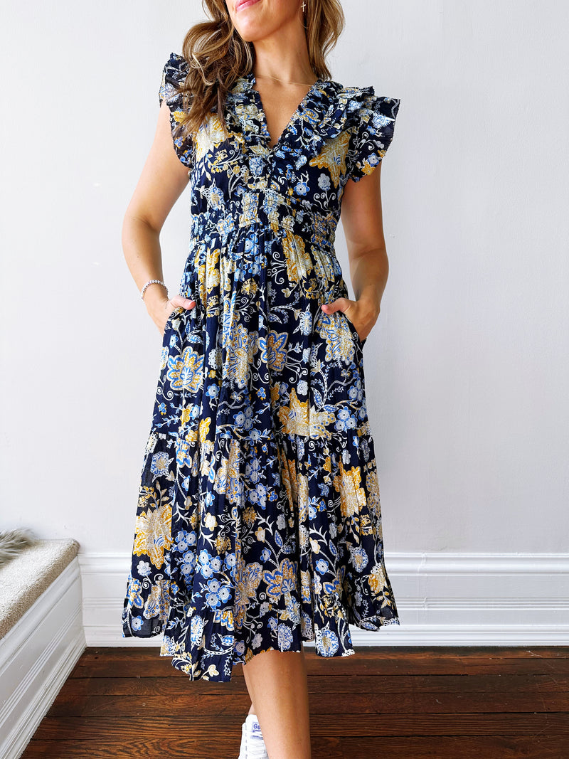 Blue Botanical Midi Dress