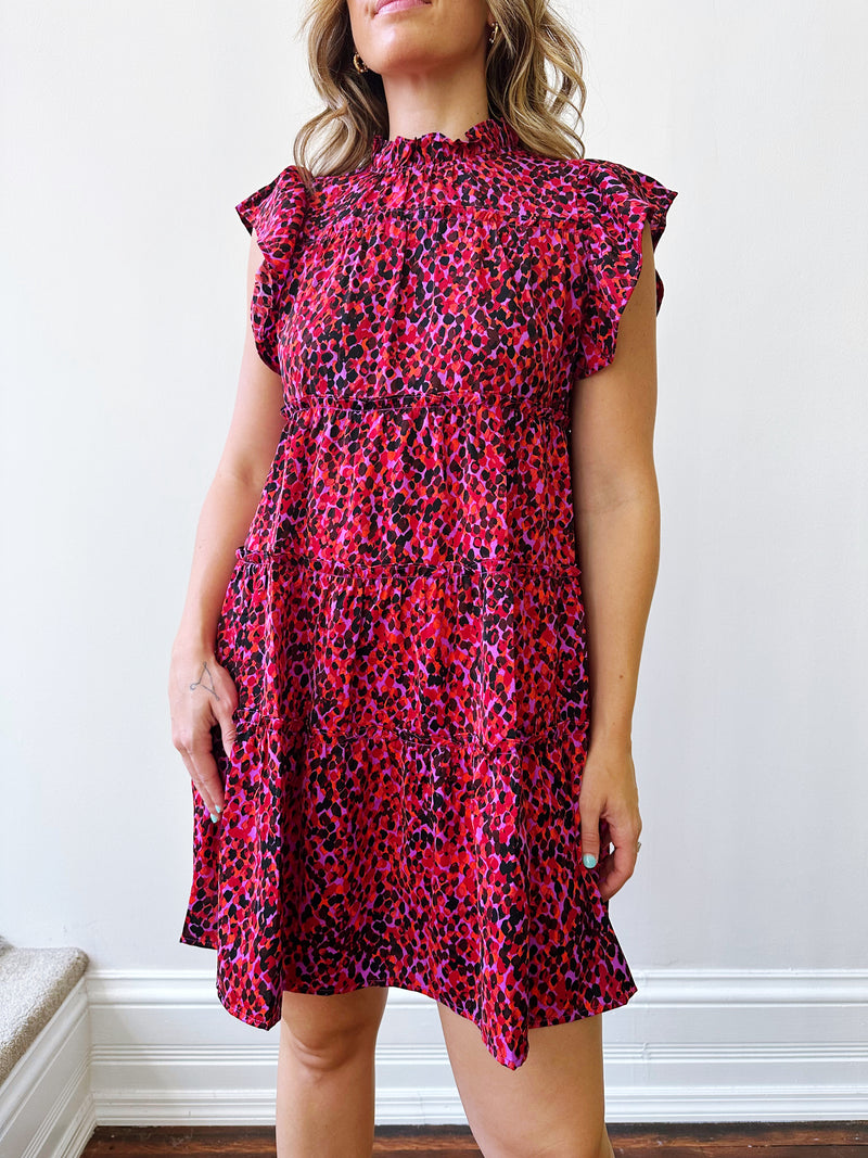 Magenta Flutter Sleeve Tiered Dress