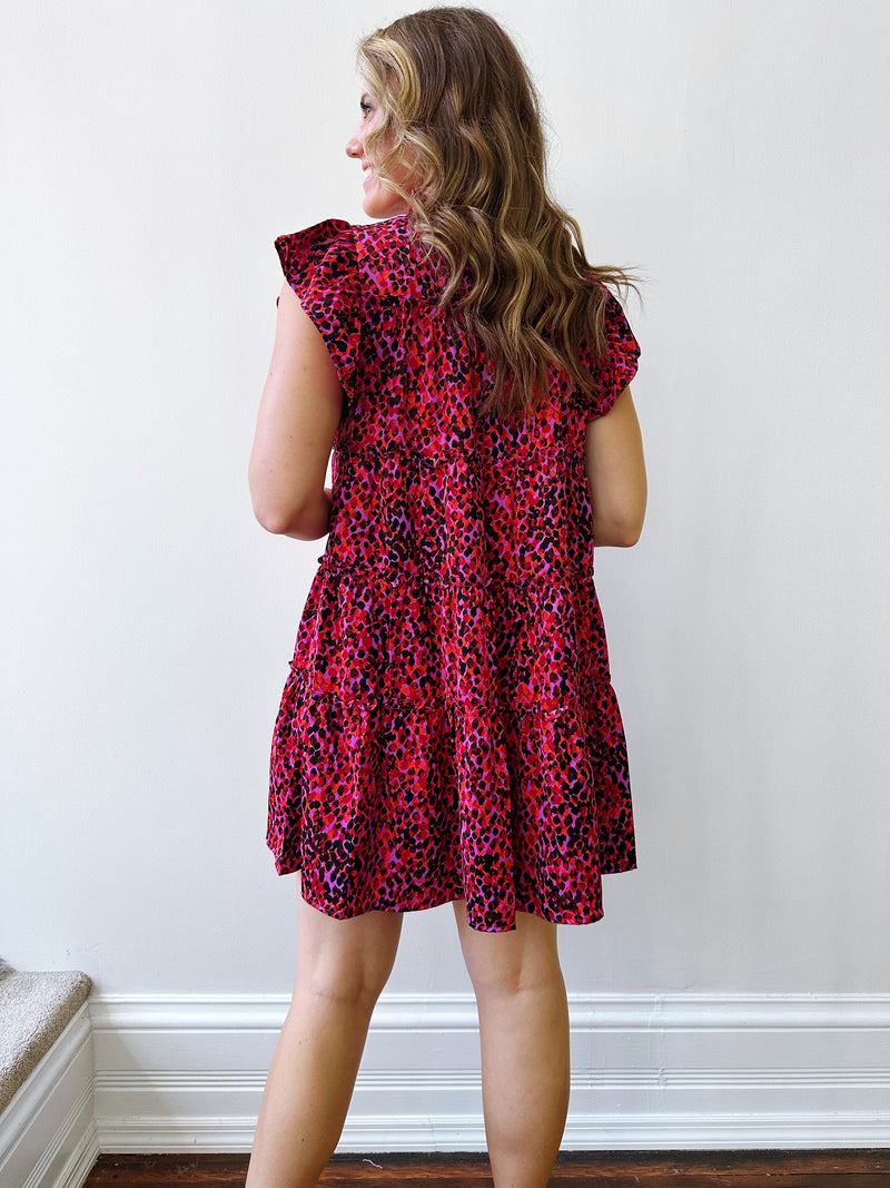 Magenta Flutter Sleeve Tiered Dress