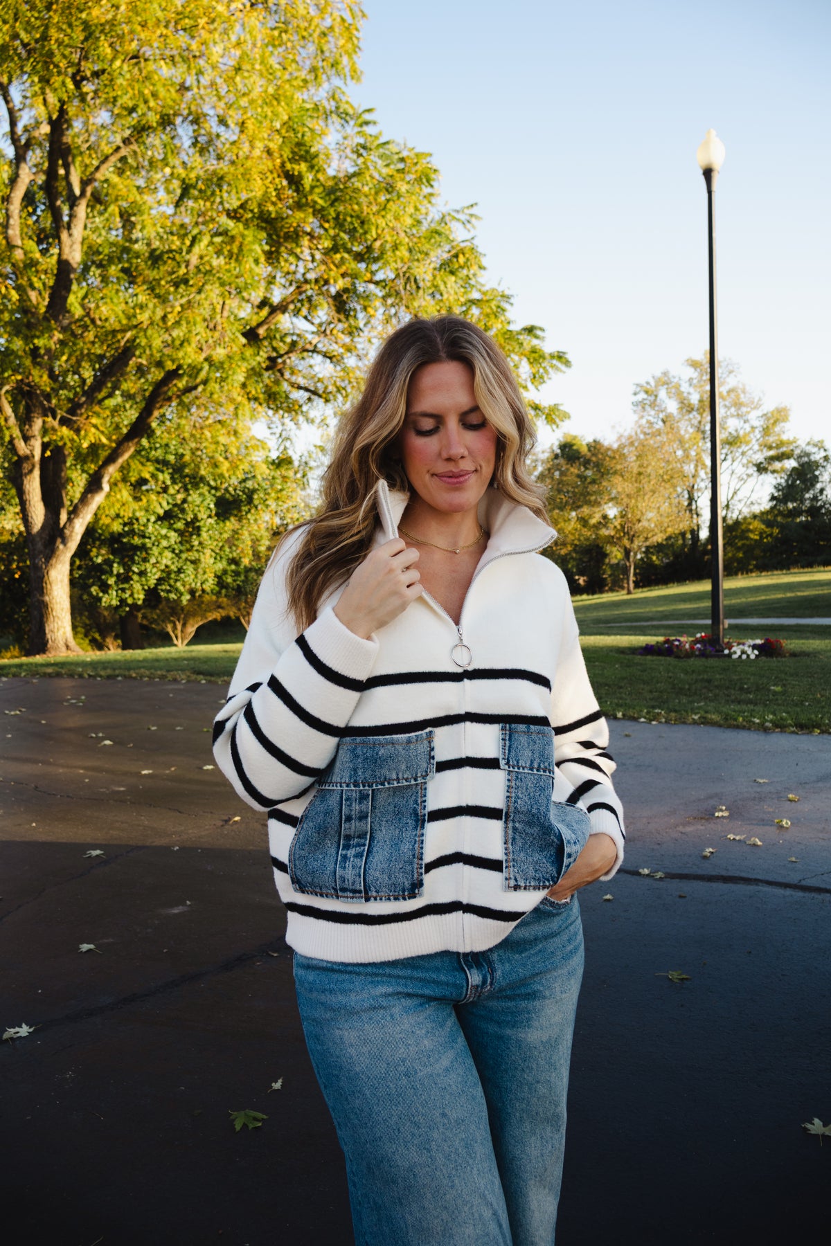 Denim Pocket Striped Cardigan