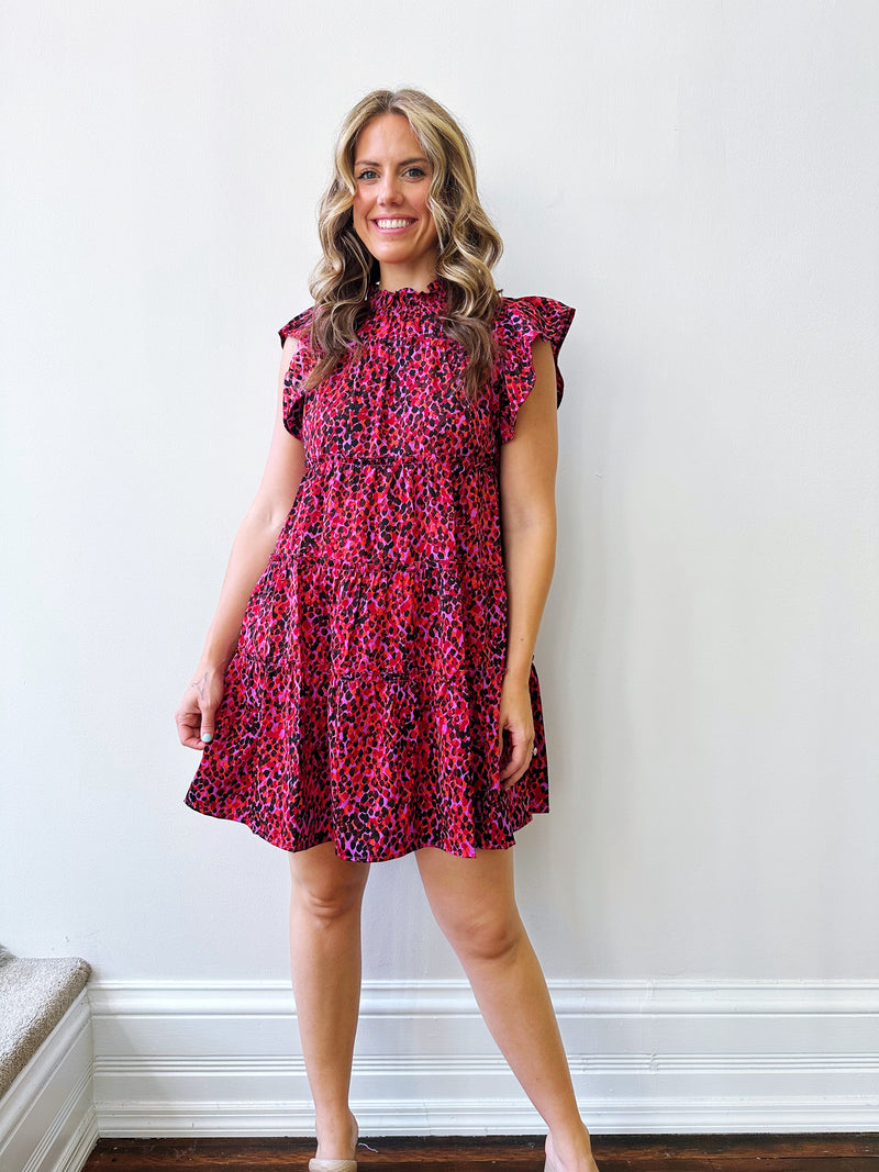 Magenta Flutter Sleeve Tiered Dress