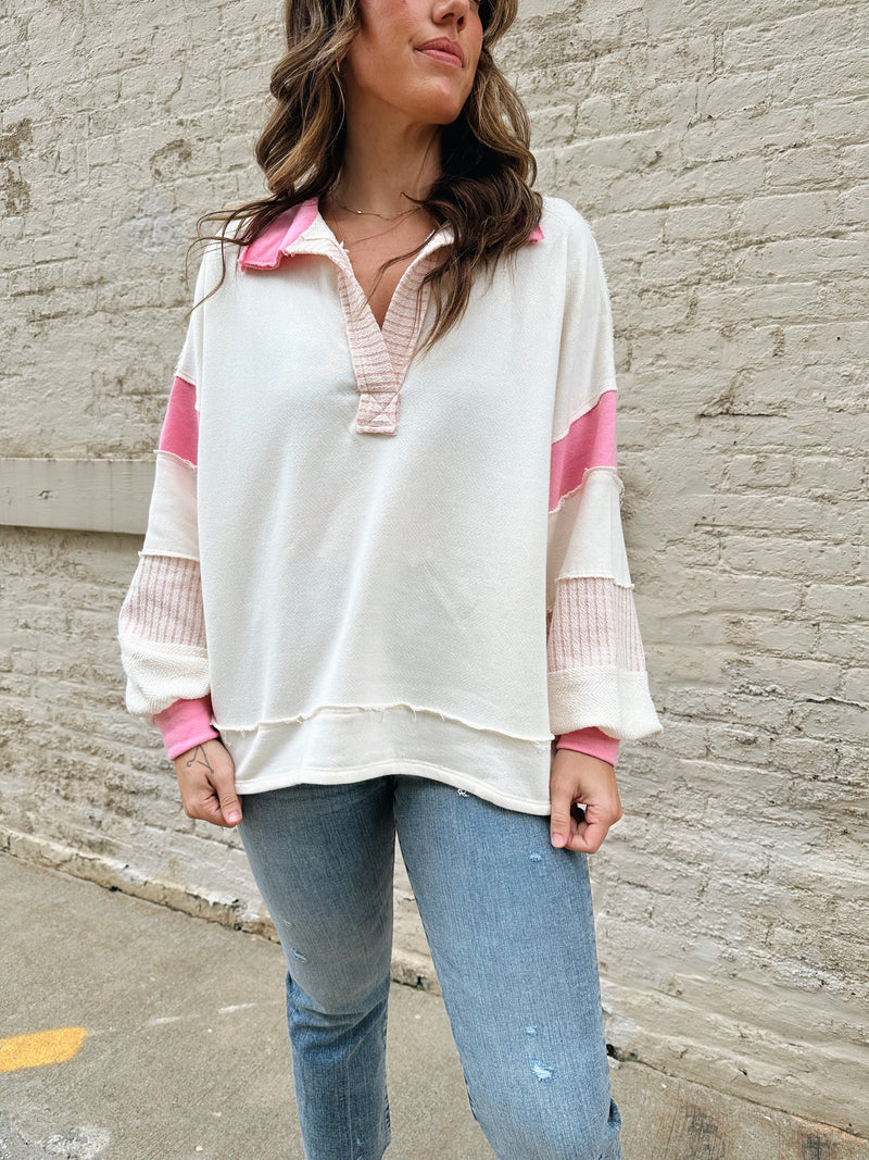 Polo Collar Knit Pullover in Ivory