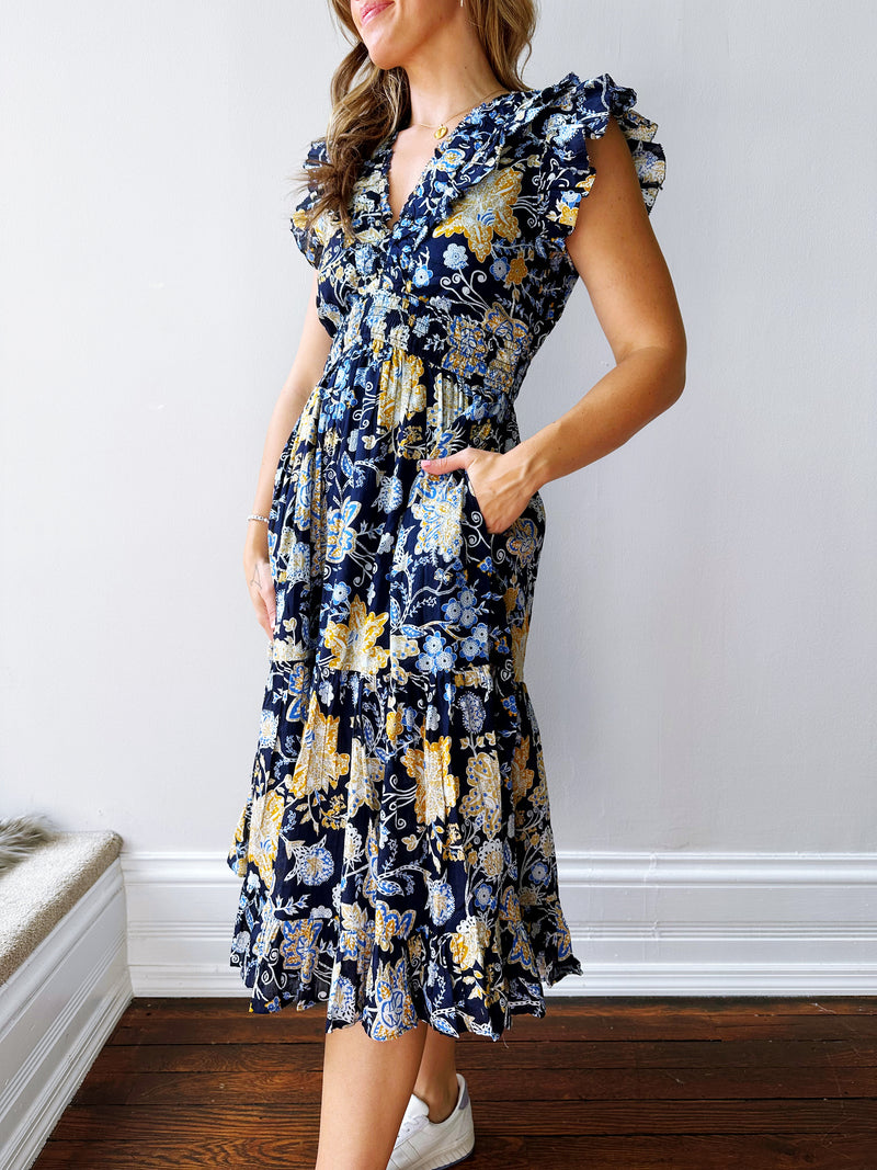Blue Botanical Midi Dress