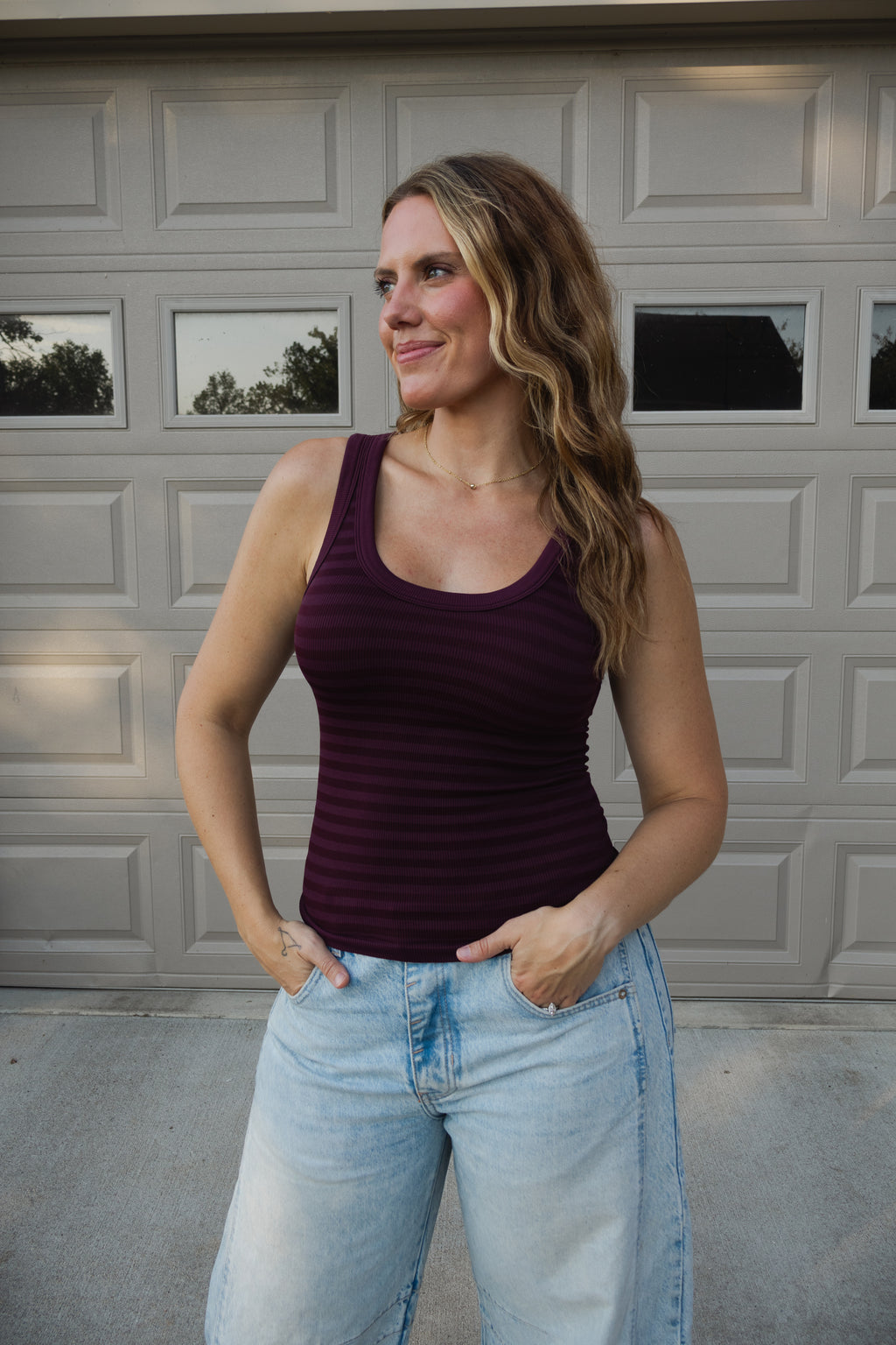 Reversible Striped Tank in Raisin
