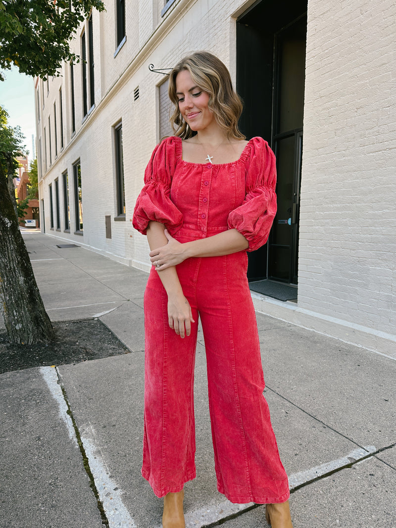 Corduroy Puff Sleeve Jumpsuit