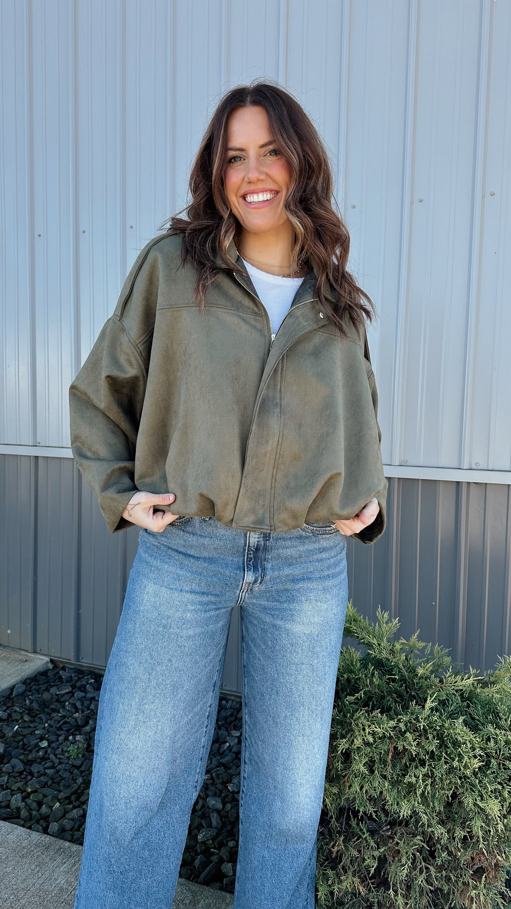 Suede Bomber Jacket in Olive