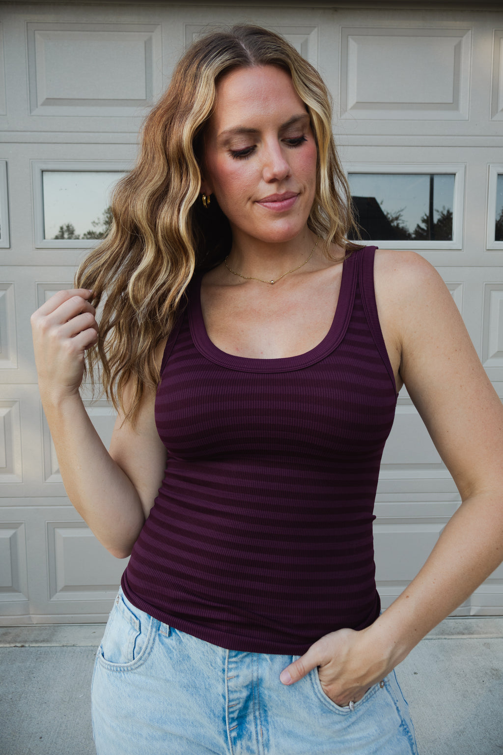 Reversible Striped Tank in Raisin