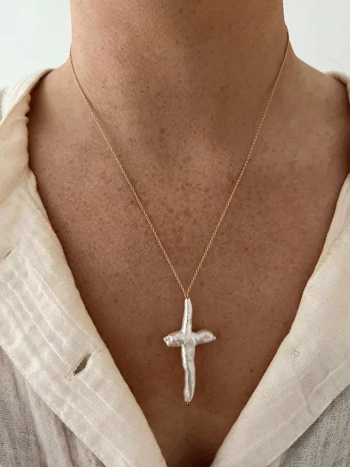 XL Pearl Cross On Chain Necklace