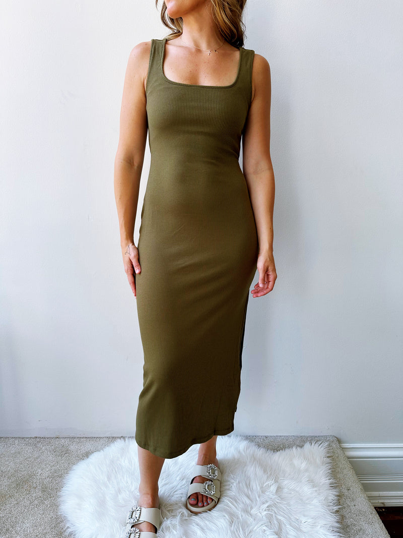 Twisted Back Midi Dress in Olive