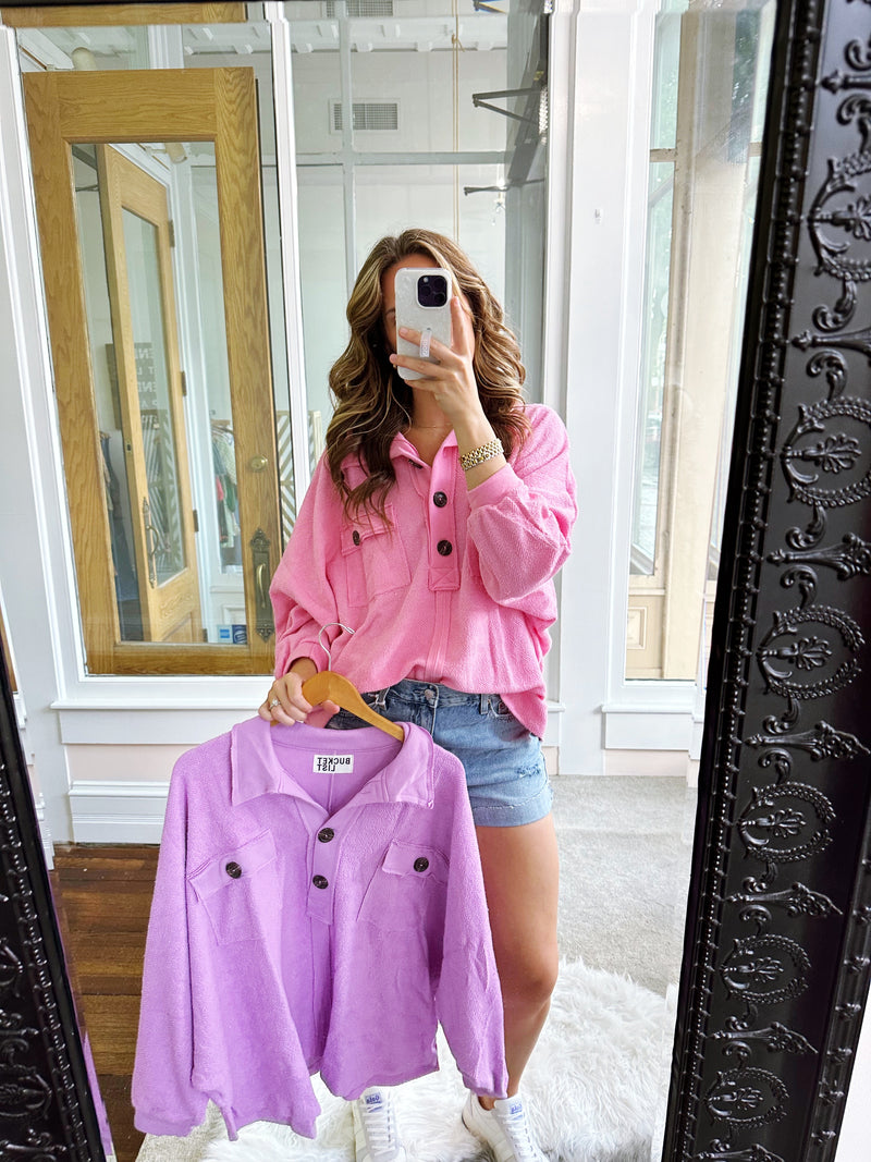 French Terry Collared Pullover in Bubblegum