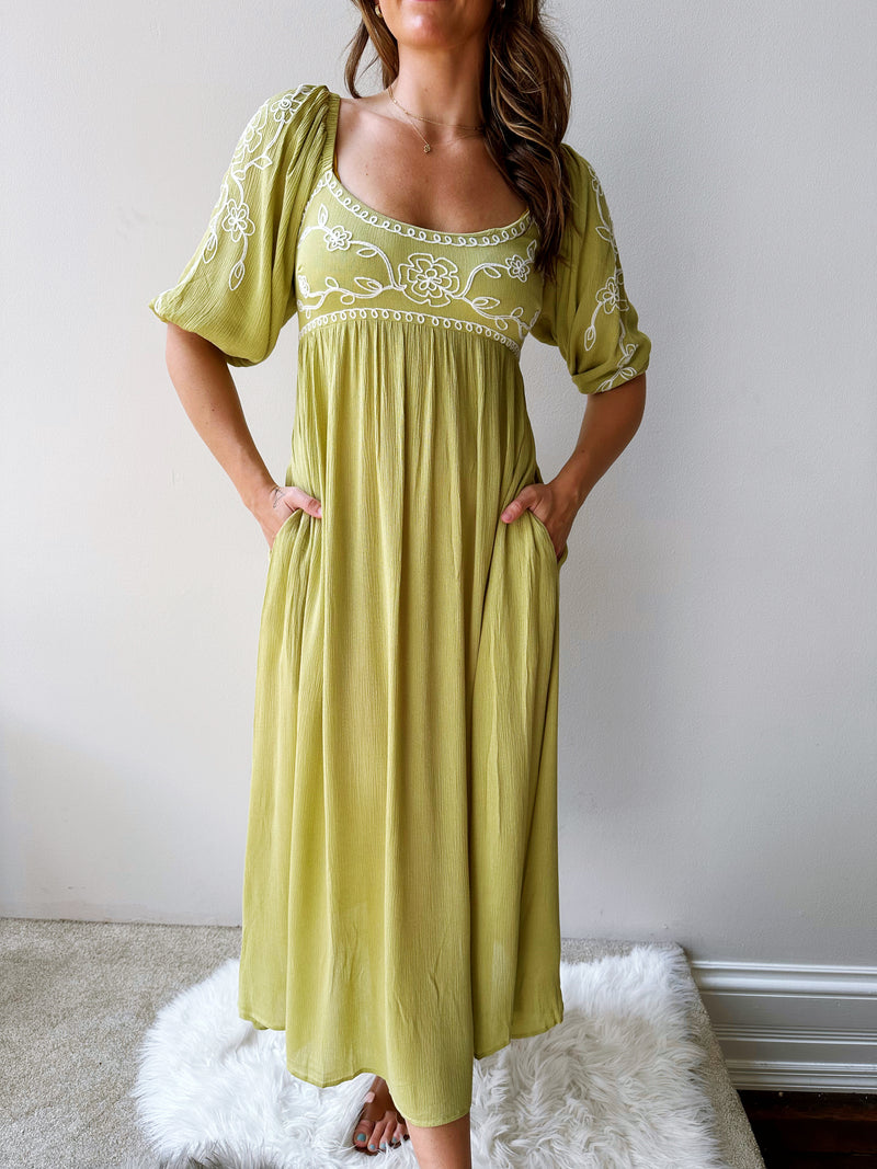 Kiwi Embroidered Midi Dress