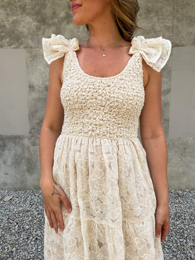 Ecru Flutter Sleeve Midi Dress