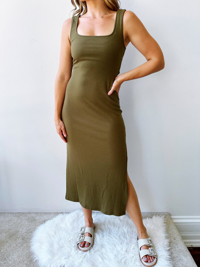 Twisted Back Midi Dress in Olive